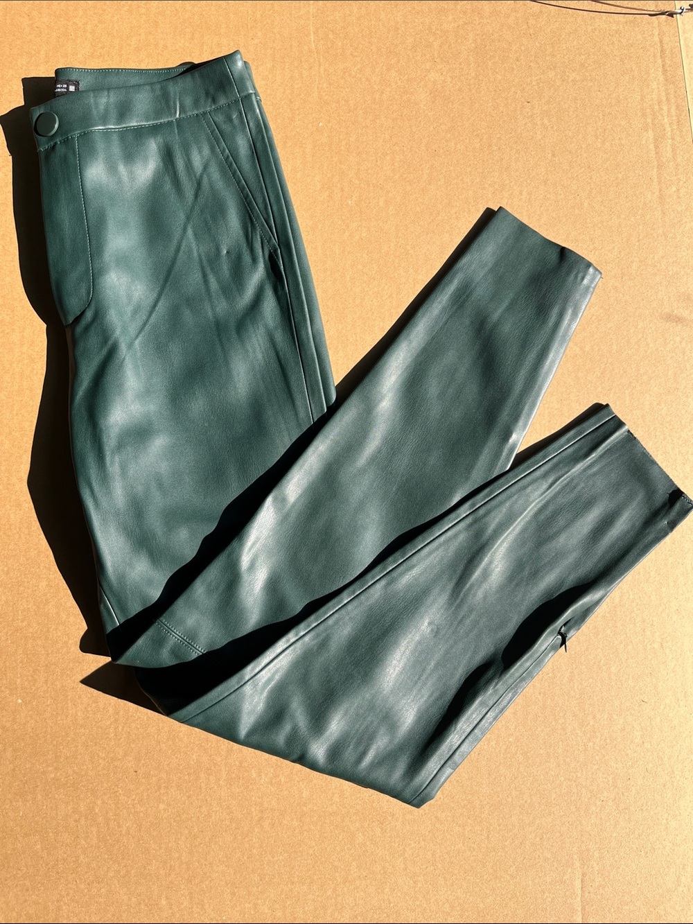 Zara Forest Green Faux Leather High Waisted Skinny Pants Ankle Zip S